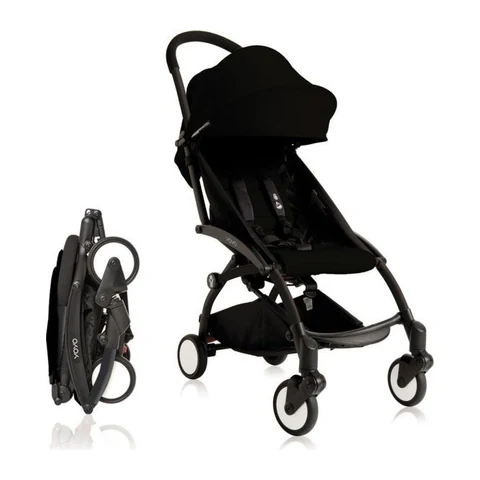 Babyzen YOYO2 compact stroller in black, shown open and folded flat for carrying