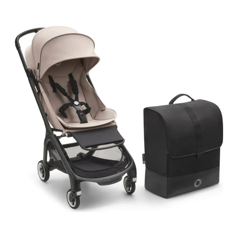 Bugaboo Butterfly compact stroller in taupe on a black frame, shown with its padded travel bag