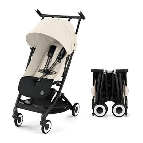 Cybex Libelle lightweight stroller in cream and black, shown open next to its compact folded package
