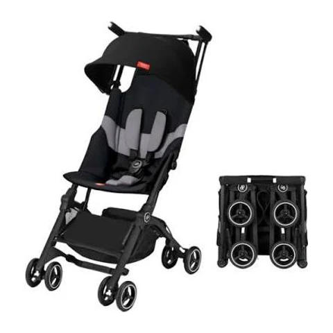 GB Pockit Plus ultra-compact stroller in black, shown open and folded down to handbag size