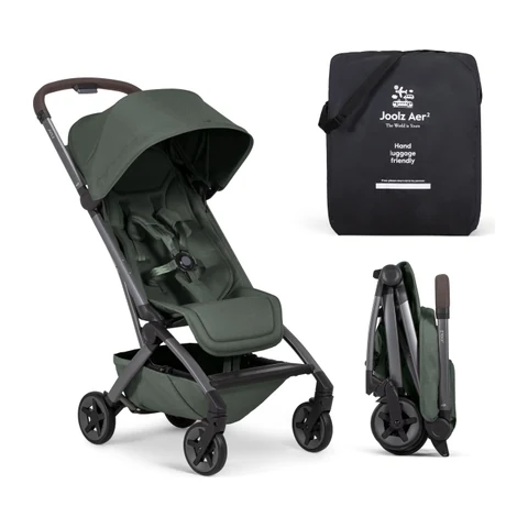 Joolz Aer2 lightweight travel stroller in green, shown open beside its folded form and carry bag