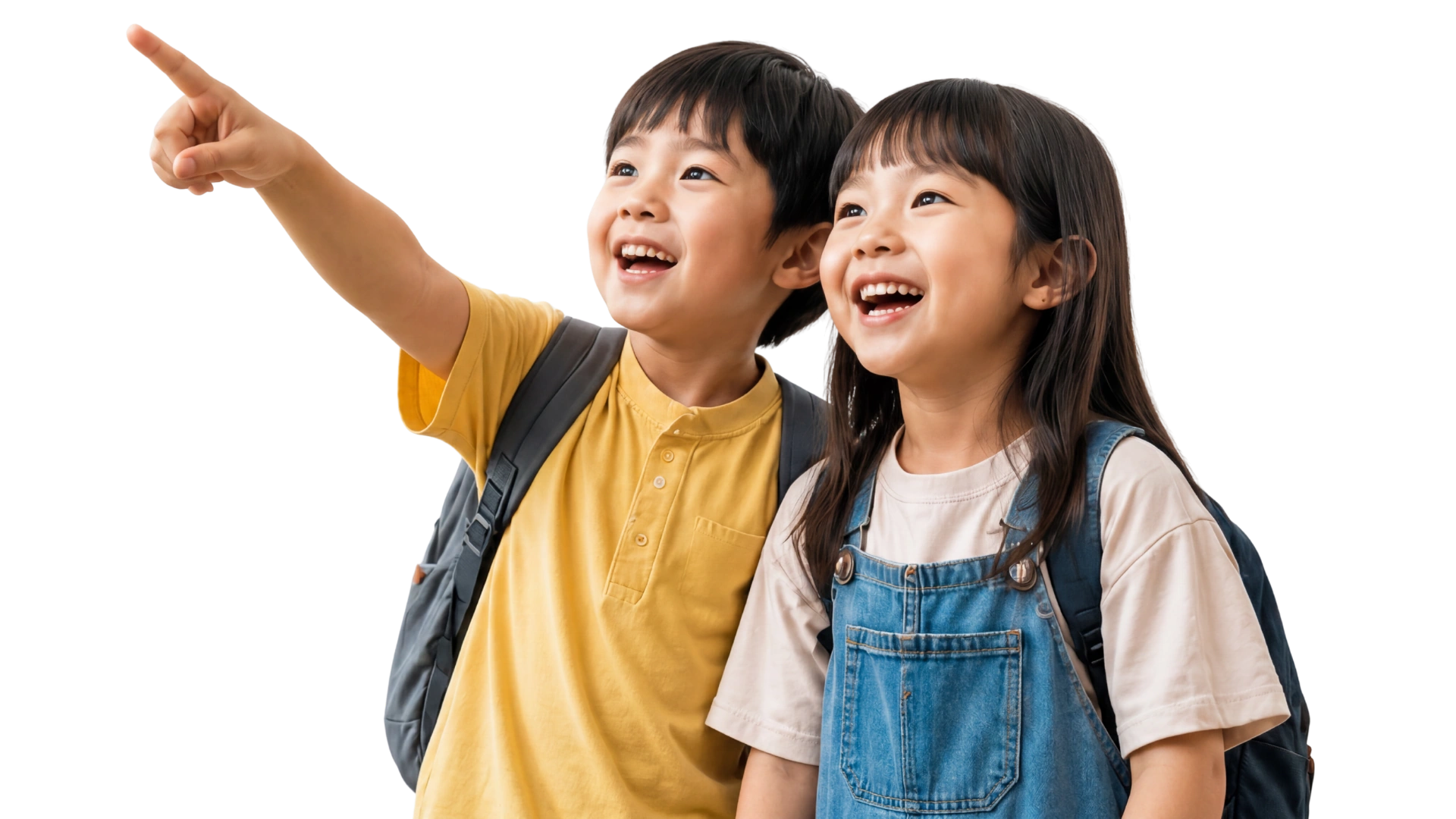 Two children pointing at the Hong Kong skyline
